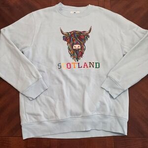 Cotly Sweatshirt Women 2XL Blue Scotland Highland Cow Embroidered Crewneck Top